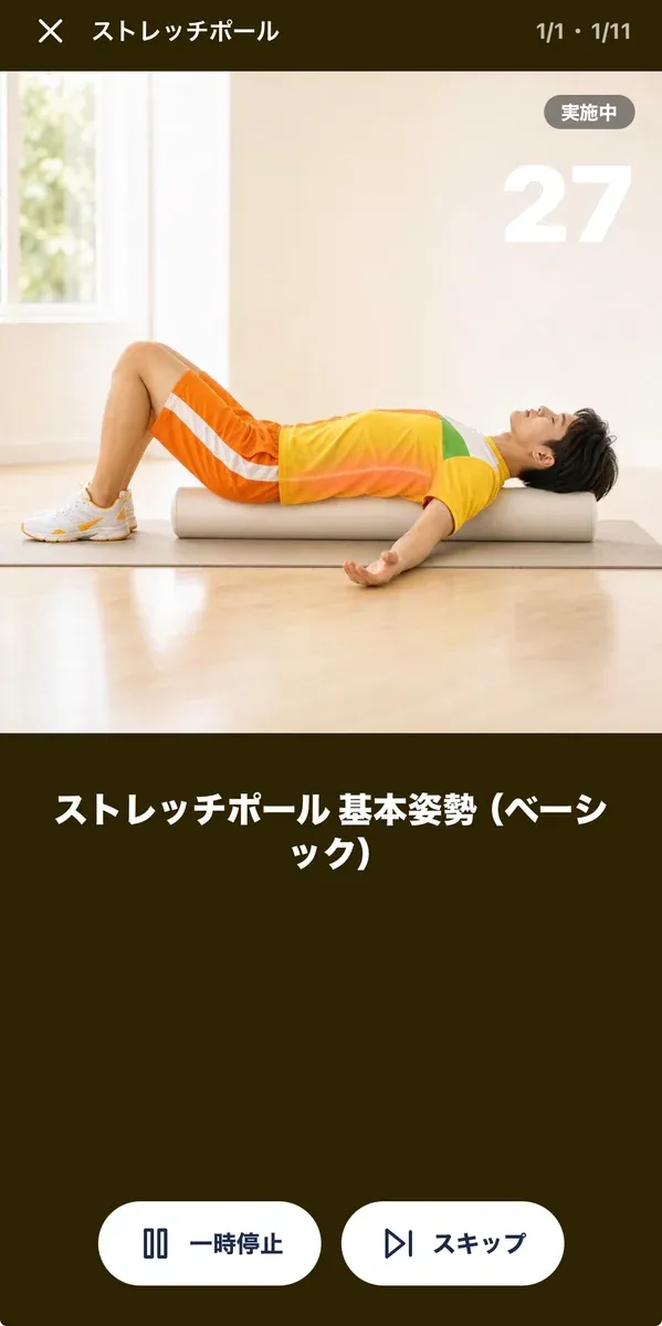 トレラボのセッション実行画面。残り秒数が大きく表示され、一時停止とスキップが選べる